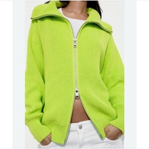 Zara Lime Green Oversized Zippered Women's Sweater